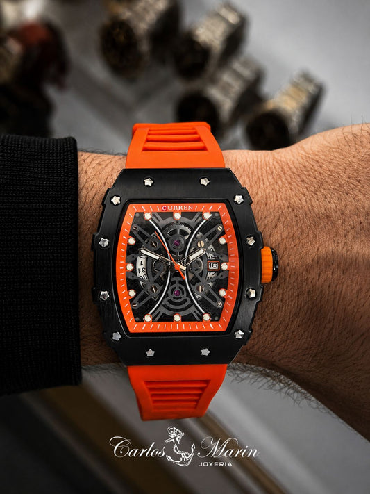 Reloj Curren hombre Calendar Hollow 8438 silicona naranja deportivo moderno