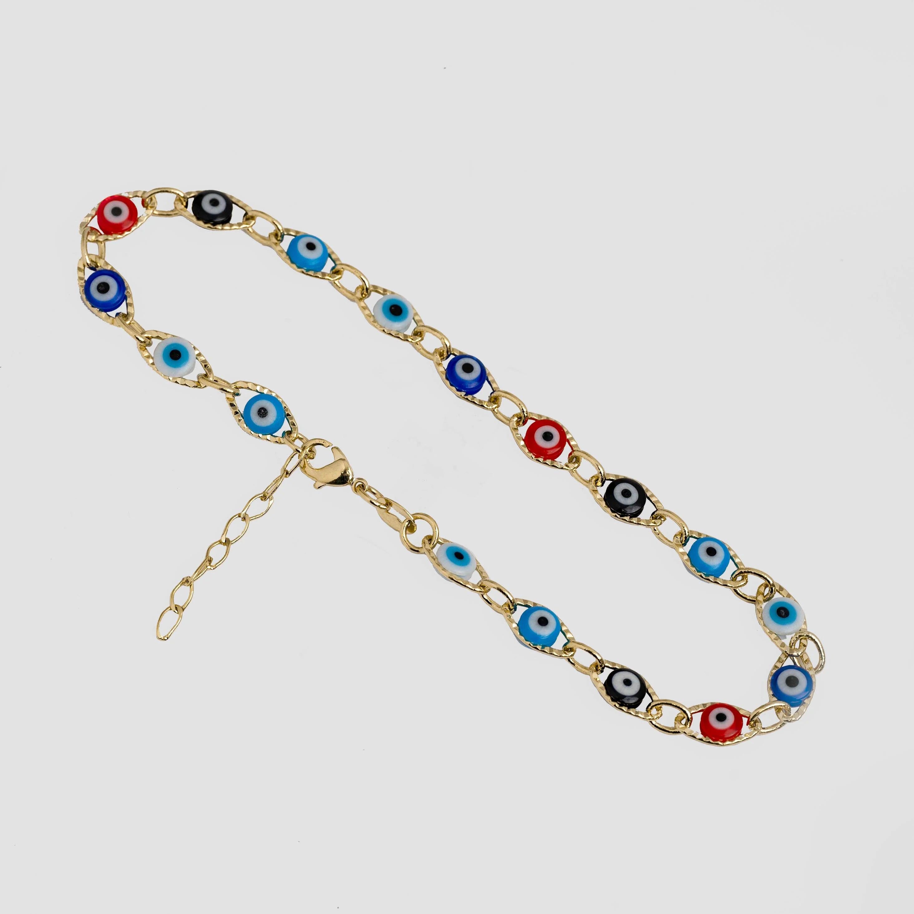 Tobillera Ojo Turco Multicolor en Oro Laminado – 23 cm + 2 cm Extensor