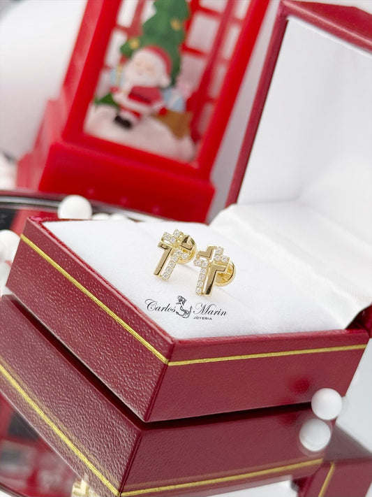 Topos Cruz con Circones Blancos en Oro 18K
