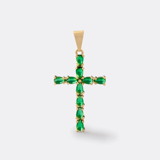 Dije Cruz con Circones Verdes en Oro Laminado